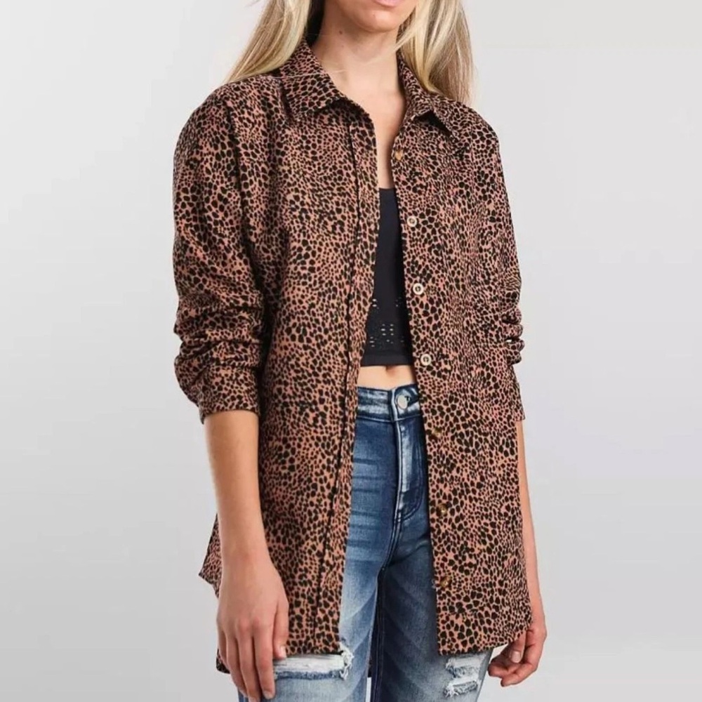 Daytrip Buckle Cheetah Print Corduroy Long Sleeve Collared Button Up Shirt Sz XS